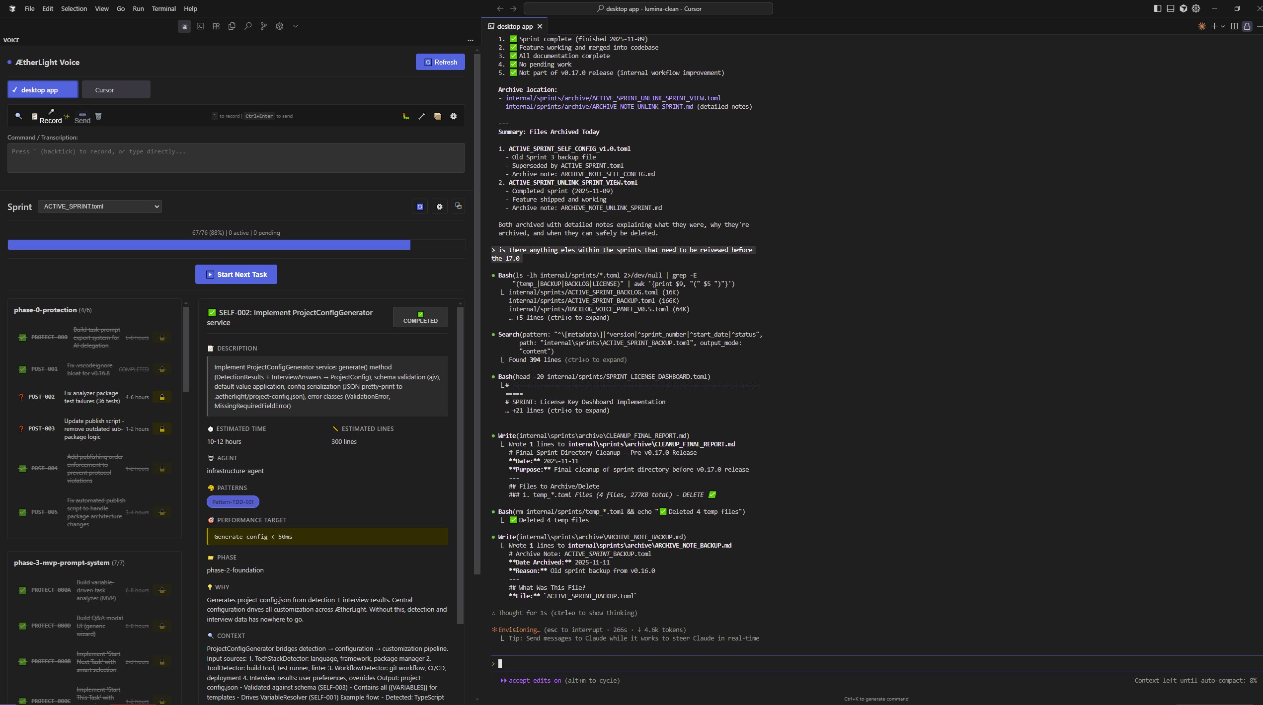 Full sprint view with terminal output and AI-enhanced living task prompts
